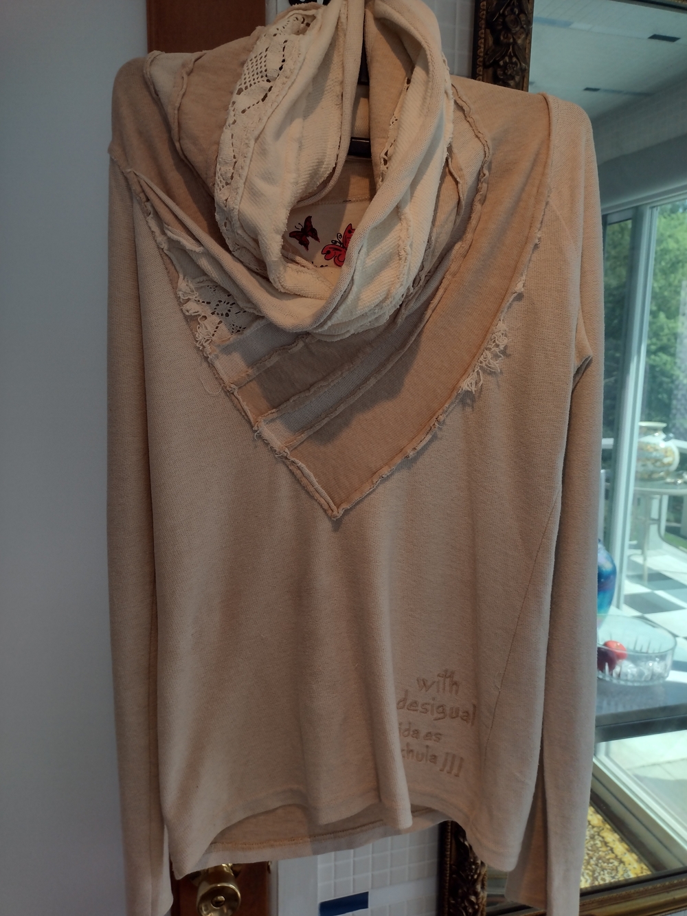 Desigual Beige Cream Layered-Scarf Sweater